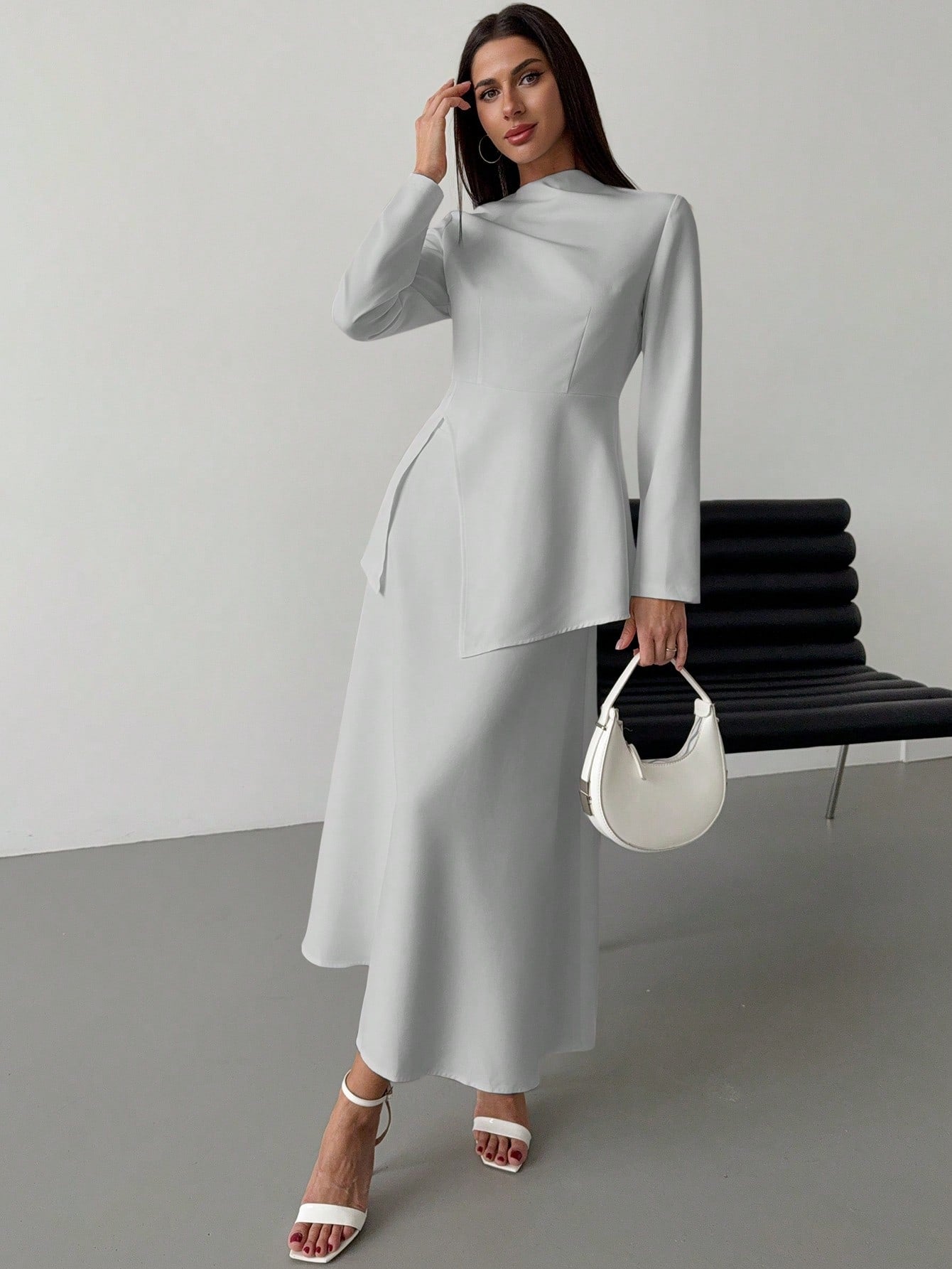  | SHEIN Firerie Women Elegant Minimalist Chic Romantic Commuting & Dating Pleated Waist Gathered Cuff Long Sleeve Shirt And High-Waist A-Line Skirt 2 Pieces Set, Autumn/Winter | Top and Pant Set | Shein | OneHub