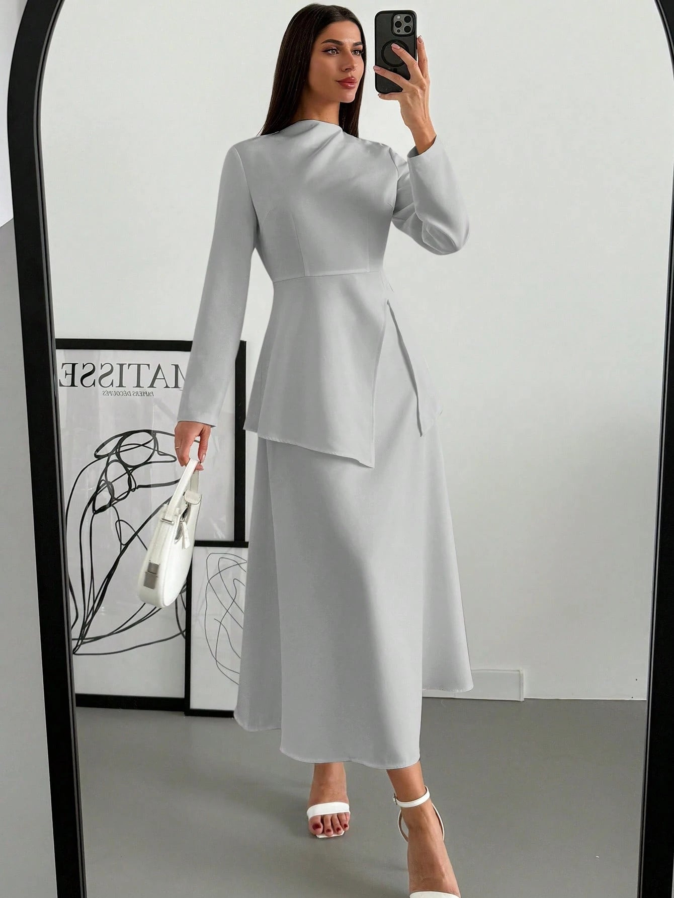  | SHEIN Firerie Women Elegant Minimalist Chic Romantic Commuting & Dating Pleated Waist Gathered Cuff Long Sleeve Shirt And High-Waist A-Line Skirt 2 Pieces Set, Autumn/Winter | Top and Pant Set | Shein | OneHub