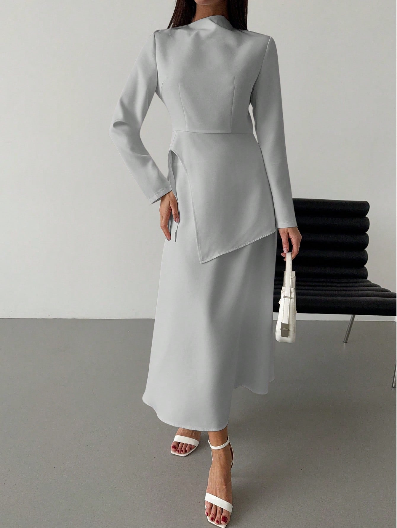  | SHEIN Firerie Women Elegant Minimalist Chic Romantic Commuting & Dating Pleated Waist Gathered Cuff Long Sleeve Shirt And High-Waist A-Line Skirt 2 Pieces Set, Autumn/Winter | Top and Pant Set | Shein | OneHub