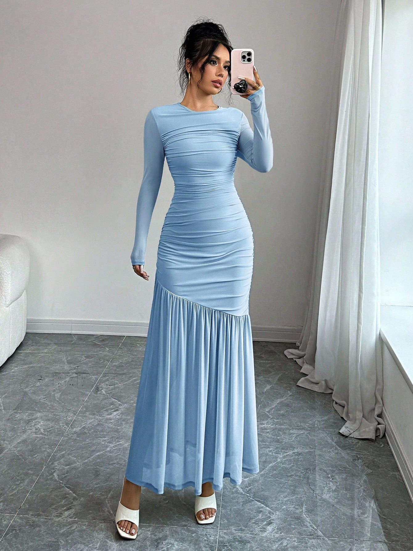 SHEIN Firerie Women Mesh Long Sleeve Dress, Autumn Casual Dress, Suitable For Autumn Clothing, Back To School Outfits, Teacher Outfit