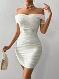 SHEIN Firerie Women White Off Shoulder Short Sleeve Bubble Beaded Slim Elegant Dress,Summer Dresses For Women,White Graduation Dress