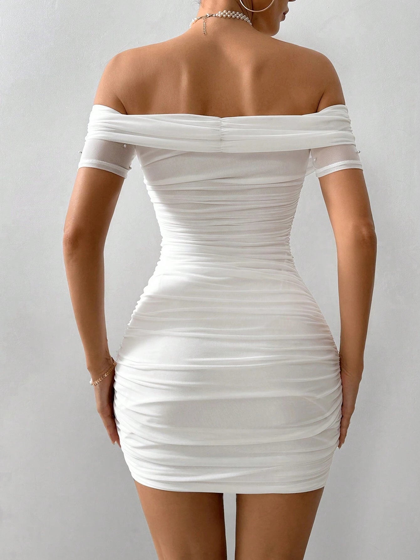 SHEIN Firerie Women White Off Shoulder Short Sleeve Bubble Beaded Slim Elegant Dress,Summer Dresses For Women,White Graduation Dress