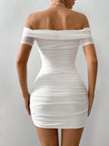 SHEIN Firerie Women White Off Shoulder Short Sleeve Bubble Beaded Slim Elegant Dress,Summer Dresses For Women,White Graduation Dress