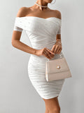SHEIN Firerie Women White Off Shoulder Short Sleeve Bubble Beaded Slim Elegant Dress,Summer Dresses For Women,White Graduation Dress