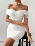 SHEIN Firerie Women White Off Shoulder Short Sleeve Bubble Beaded Slim Elegant Dress,Summer Dresses For Women,White Graduation Dress