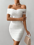 SHEIN Firerie Women White Off Shoulder Short Sleeve Bubble Beaded Slim Elegant Dress,Summer Dresses For Women,White Graduation Dress