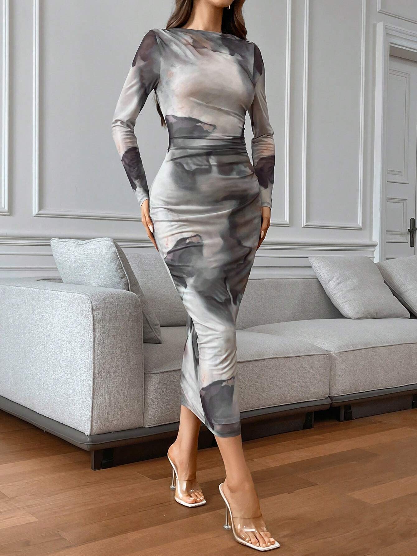  | SHEIN Firerie Women's Autumn And Winter Tie-Dye Print Round Neck Long Sleeve Slim Dress | Dress | Shein | OneHub