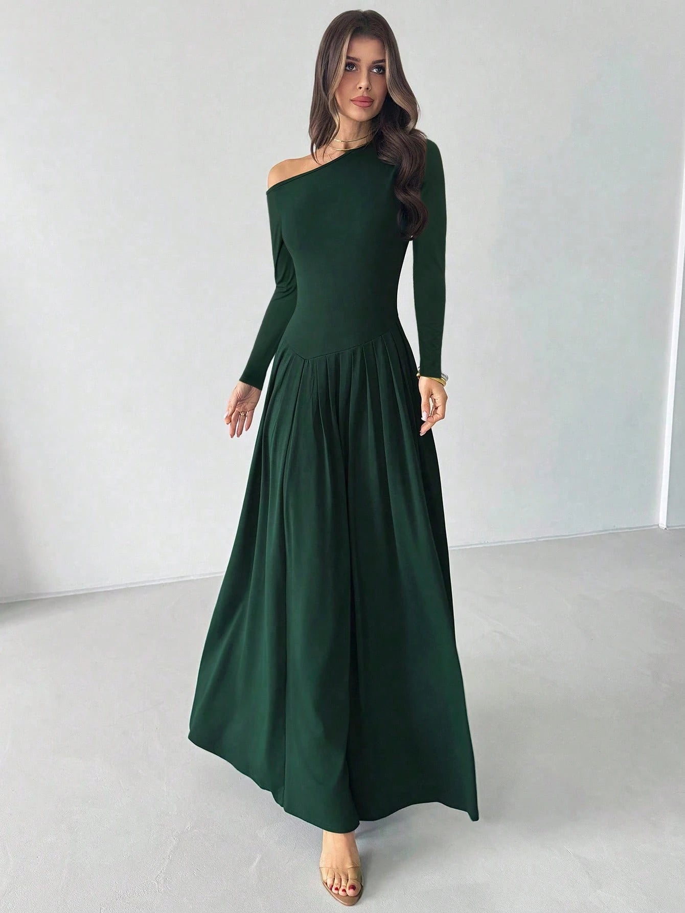  | SHEIN Firerie Women's Elegant Casual Minimalist Asymmetric Neck Long Sleeve Pleated Waist A-Line Long Knit Dress, Suitable For Wedding Events, Green, Everyday Elegant Office Dress, Modest, Fall Women Clothes | Dress | Shein | OneHub