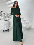  | SHEIN Firerie Women's Elegant Casual Minimalist Asymmetric Neck Long Sleeve Pleated Waist A-Line Long Knit Dress, Suitable For Wedding Events, Green, Everyday Elegant Office Dress, Modest, Fall Women Clothes | Dress | Shein | OneHub