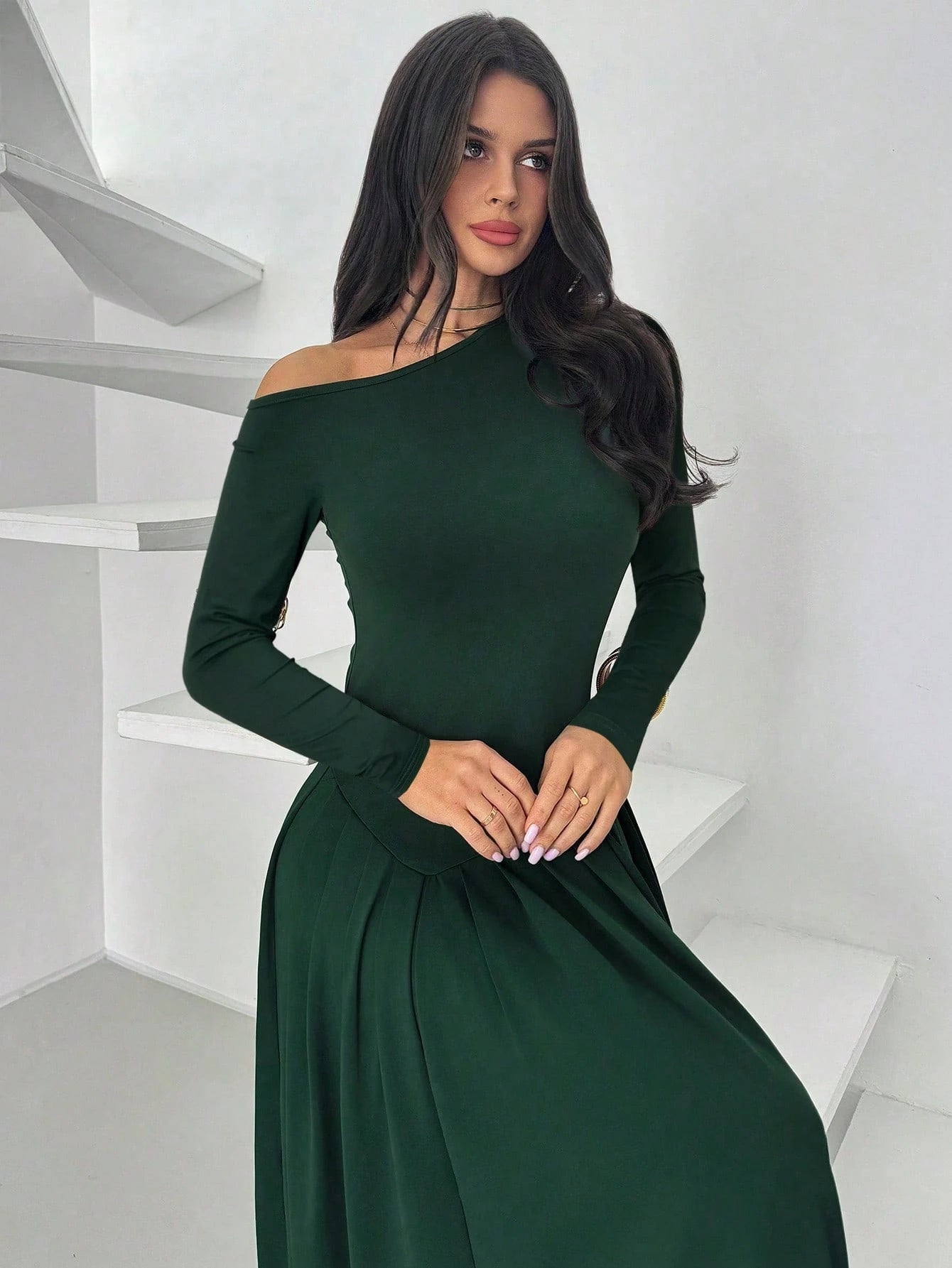  | SHEIN Firerie Women's Elegant Casual Minimalist Asymmetric Neck Long Sleeve Pleated Waist A-Line Long Knit Dress, Suitable For Wedding Events, Green, Everyday Elegant Office Dress, Modest, Fall Women Clothes | Dress | Shein | OneHub