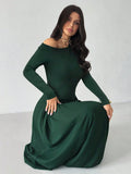  | SHEIN Firerie Women's Elegant Casual Minimalist Asymmetric Neck Long Sleeve Pleated Waist A-Line Long Knit Dress, Suitable For Wedding Events, Green, Everyday Elegant Office Dress, Modest, Fall Women Clothes | Dress | Shein | OneHub