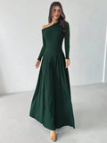  | SHEIN Firerie Women's Elegant Casual Minimalist Asymmetric Neck Long Sleeve Pleated Waist A-Line Long Knit Dress, Suitable For Wedding Events, Green, Everyday Elegant Office Dress, Modest, Fall Women Clothes | Dress | Shein | OneHub