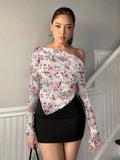  | SHEIN Firerie Women's Elegant Floral Print Long Sleeve Asymmetrical Hem T-Shirt | Blouse | Shein | OneHub