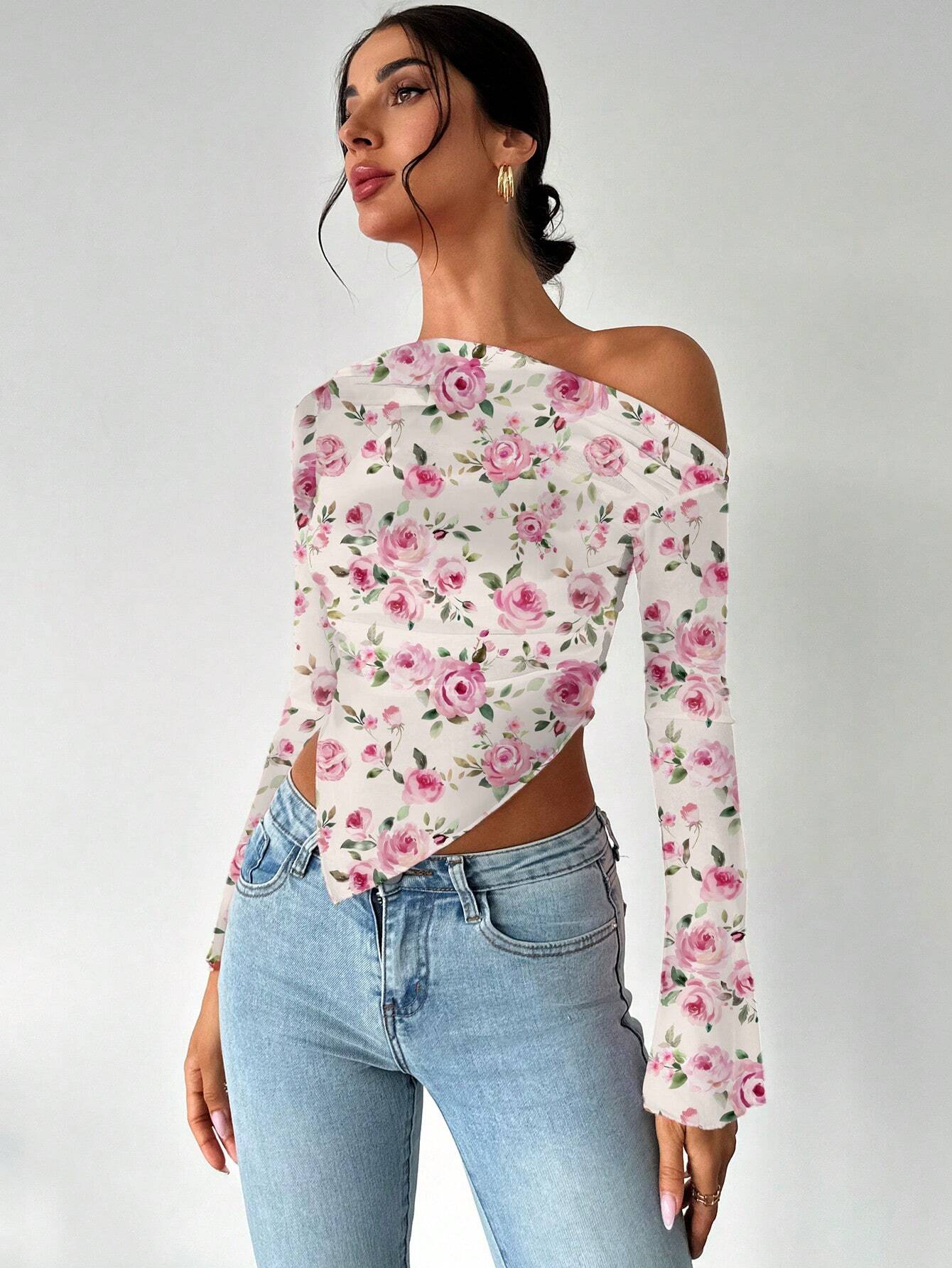  | SHEIN Firerie Women's Elegant Floral Print Long Sleeve Asymmetrical Hem T-Shirt | Blouse | Shein | OneHub