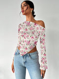  | SHEIN Firerie Women's Elegant Floral Print Long Sleeve Asymmetrical Hem T-Shirt | Blouse | Shein | OneHub