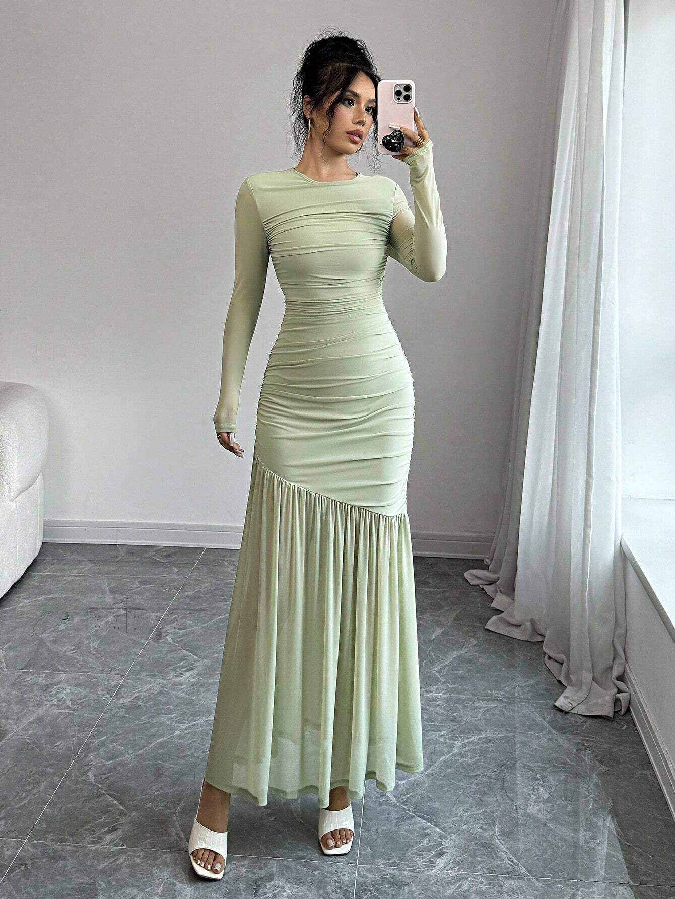  | SHEIN Firerie Women's Elegant Mint Green Esh Long Sleeve Round Neck Long Dress | Dress | Shein | OneHub