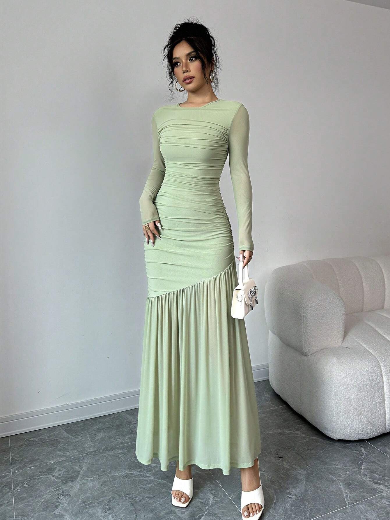  | SHEIN Firerie Women's Elegant Mint Green Esh Long Sleeve Round Neck Long Dress | Dress | Shein | OneHub