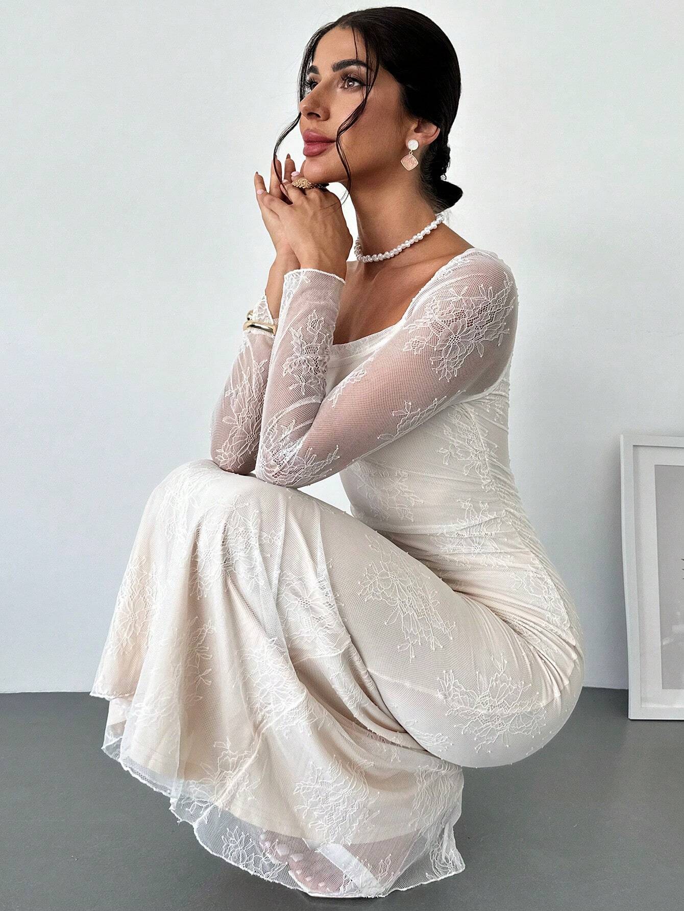  | SHEIN Firerie Women's Elegant Romantic Date Wedding Cocktail Party Lace Collar Long Sleeve Mermaid Dress | Dress | Shein | OneHub