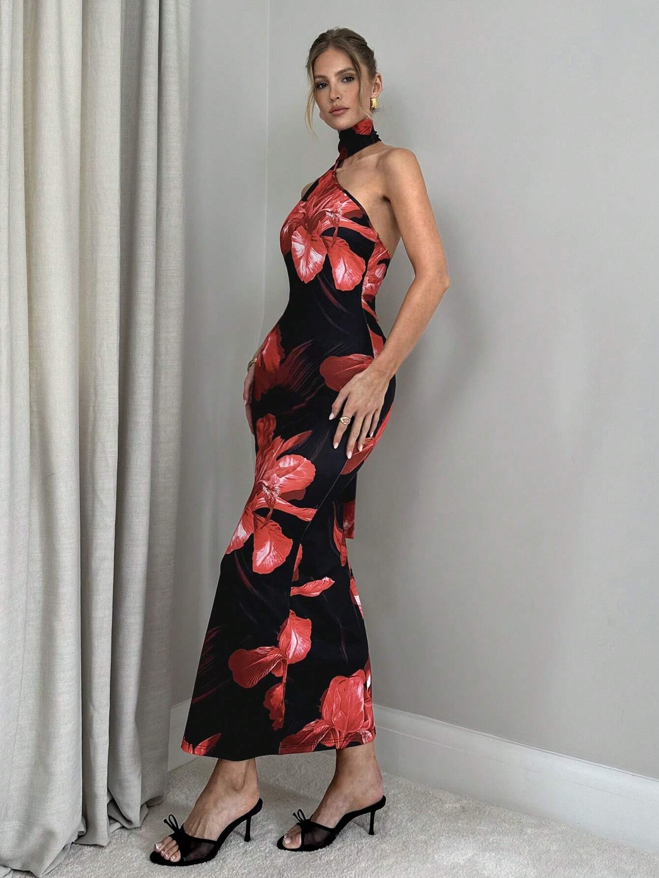 | SHEIN Firerie Women's Romantic Elegant Holiday Floral Print Halter Backless Bodycon Dress | Dress | Shein | OneHub