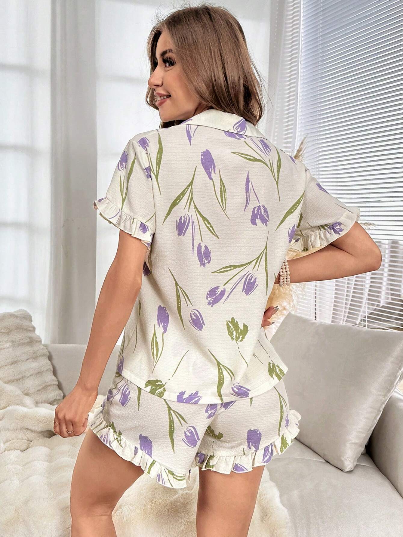  | SHEIN Floral Print Ruffle Trim PJ Set / Pajama Set | Lingerie | Shein | OneHub