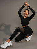 SHEIN Gameset SHEIN Sport Women Solid Color Crew Neck Long Sleeve Cropped T-Shirt And Mesh Contrast Legging Sports Set Workout Women Set Women Leggings Set
