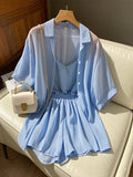 SHEIN GlowEve Summer Shorts Suit Fashionable Casual Short-Sleeved Texture Sunscreen Shirt Vest Three-Piece Suit