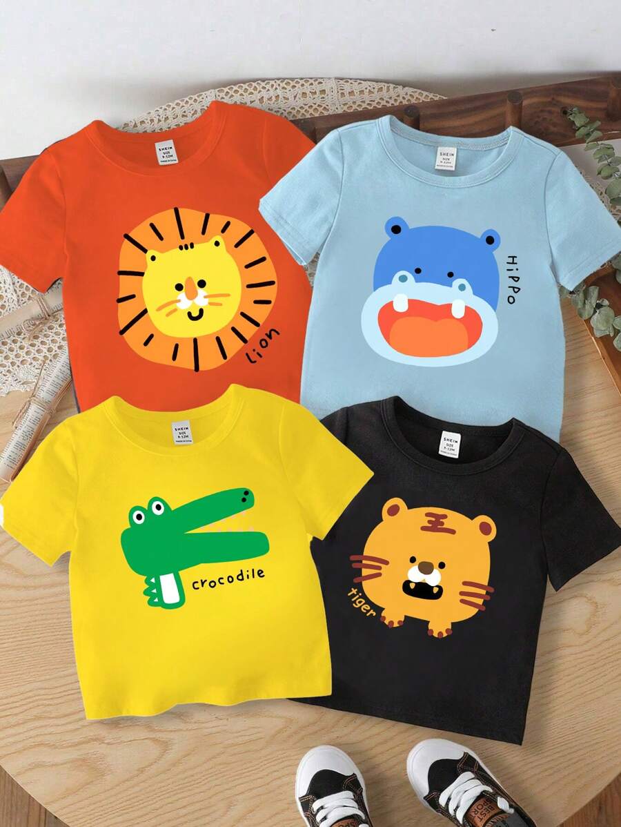  | SHEIN GraphicGems 4pcs Baby Boy Casual Fashion Cute Cartoon Animal Print Basic Crew Neck Short Sleeve T-Shirts | Dress | Shein | OneHub