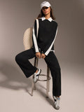 SHEIN Hanevo New Knitted Jacquard Patchwork Pullover Long Sleeve T-Shirt & Straight Leg Pants 2 Pieces Set