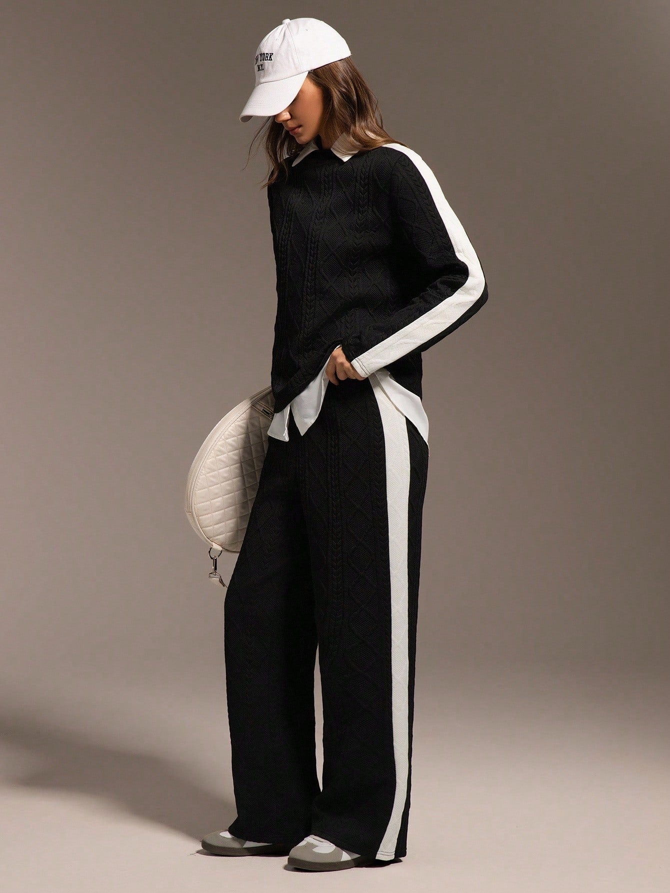 SHEIN Hanevo New Knitted Jacquard Patchwork Pullover Long Sleeve T-Shirt & Straight Leg Pants 2 Pieces Set