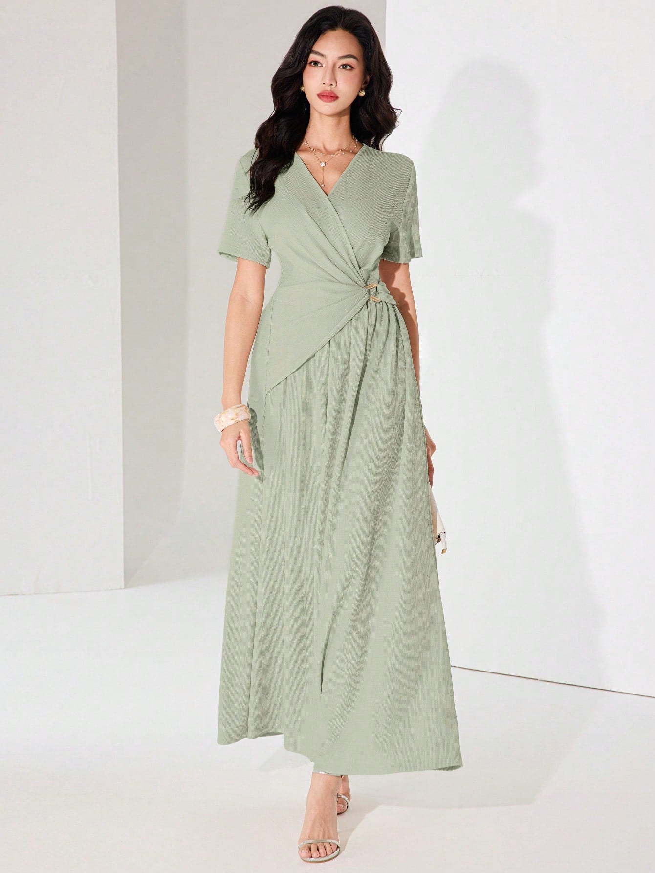 SHEIN Heiryn Women's Summer Solid Color V-Neck Short Sleeve Pleated Elegant Dress