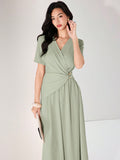 SHEIN Heiryn Women's Summer Solid Color V-Neck Short Sleeve Pleated Elegant Dress