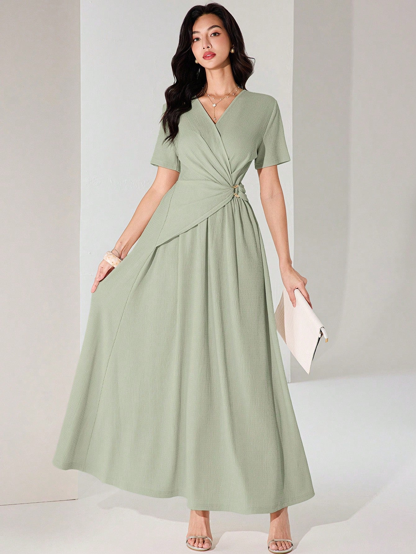 SHEIN Heiryn Women's Summer Solid Color V-Neck Short Sleeve Pleated Elegant Dress