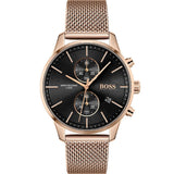 HUGO BOSS Associate Rose Gold Mesh Bracelet Black Dial Chronograph Quartz Watch for Men - HUGO BOSS 1513806