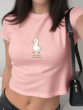 SHEIN INAWLY Cute School Style Goose Graphic T-Shirt, Sexy Cropped Y2K Goose Print Fitted Summer Tee, Vintage Round Neck Casual Crop Top For Women Graphic Tees Women Tops