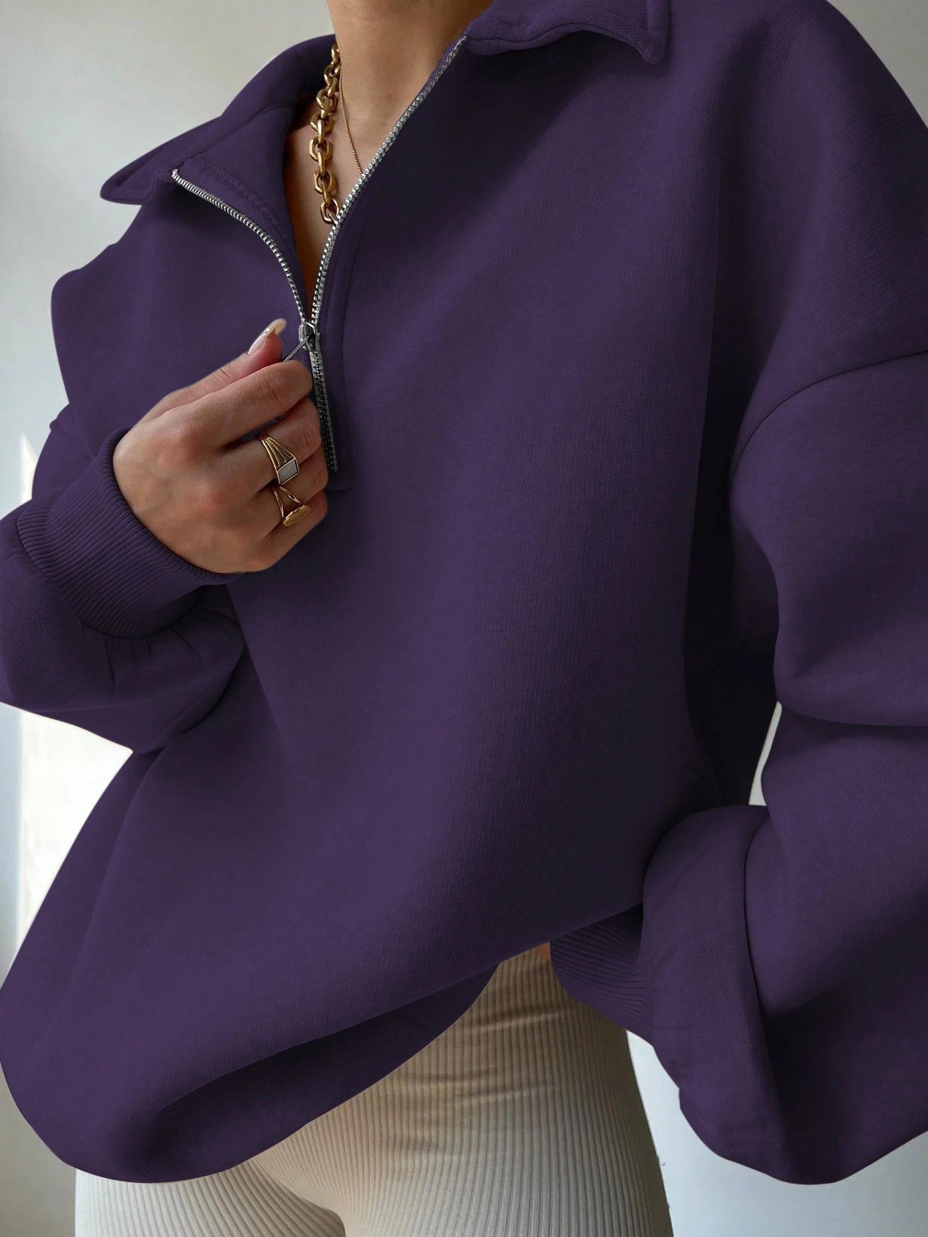 SHEIN INAWLY Women Fall/Winter Solid Color Drop Shoulder Long Sleeve Half Placket Zipper Casual Hoodie Graduation,Back To School Outfits,Graduation,Teacher Outfits For Women,Back To School Pullover