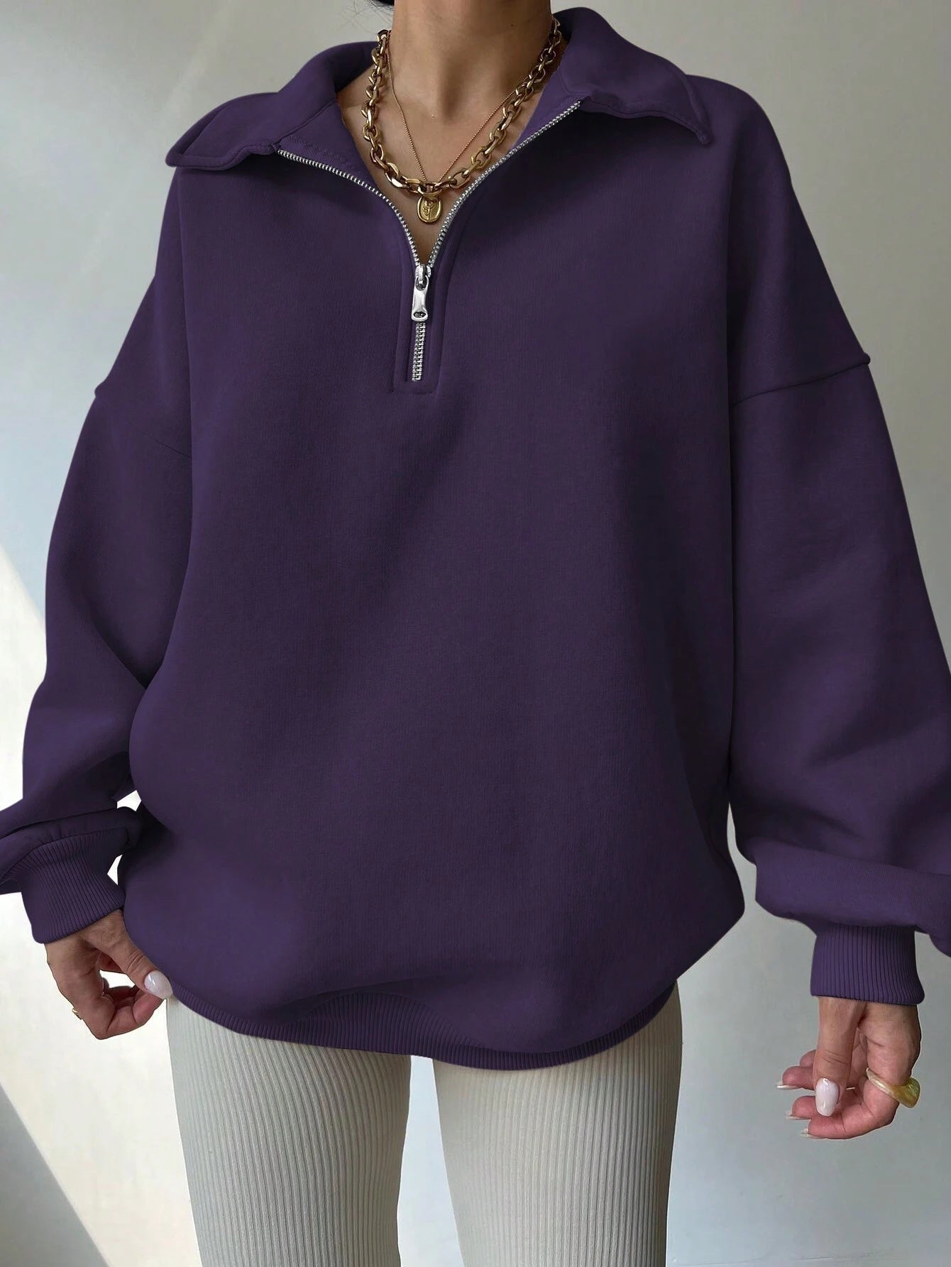 SHEIN INAWLY Women Fall/Winter Solid Color Drop Shoulder Long Sleeve Half Placket Zipper Casual Hoodie Graduation,Back To School Outfits,Graduation,Teacher Outfits For Women,Back To School Pullover