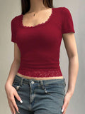  | SHEIN INAWLY Women's Summer Contrast Lace Square Neck Short Sleeve Slim Fit Red T-Shirt Top | Top | Shein | OneHub