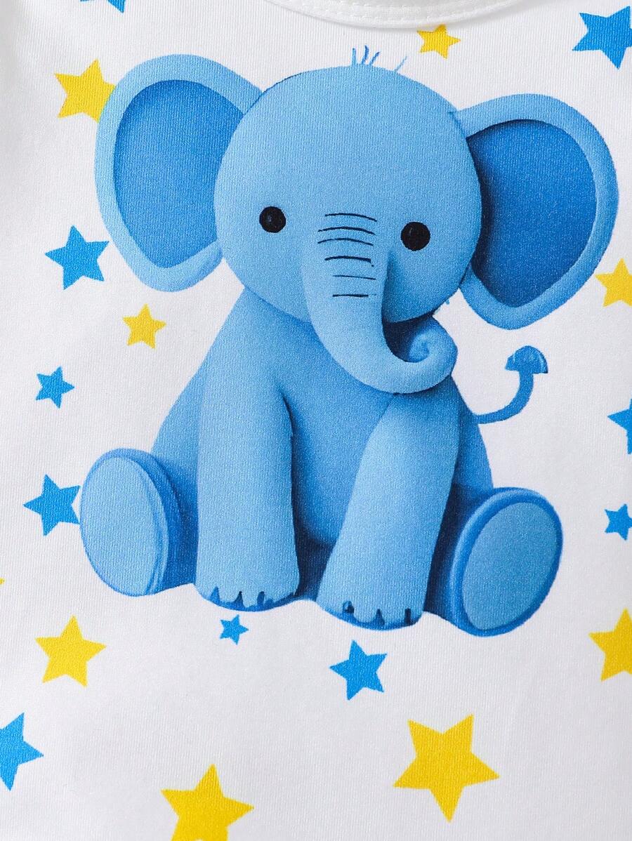  | SHEIN Infant & Toddler Boys' White Base Cute Blue Elephant Print Long Sleeve Footed Jumpsuit, Loungewear | Dress | Shein | OneHub