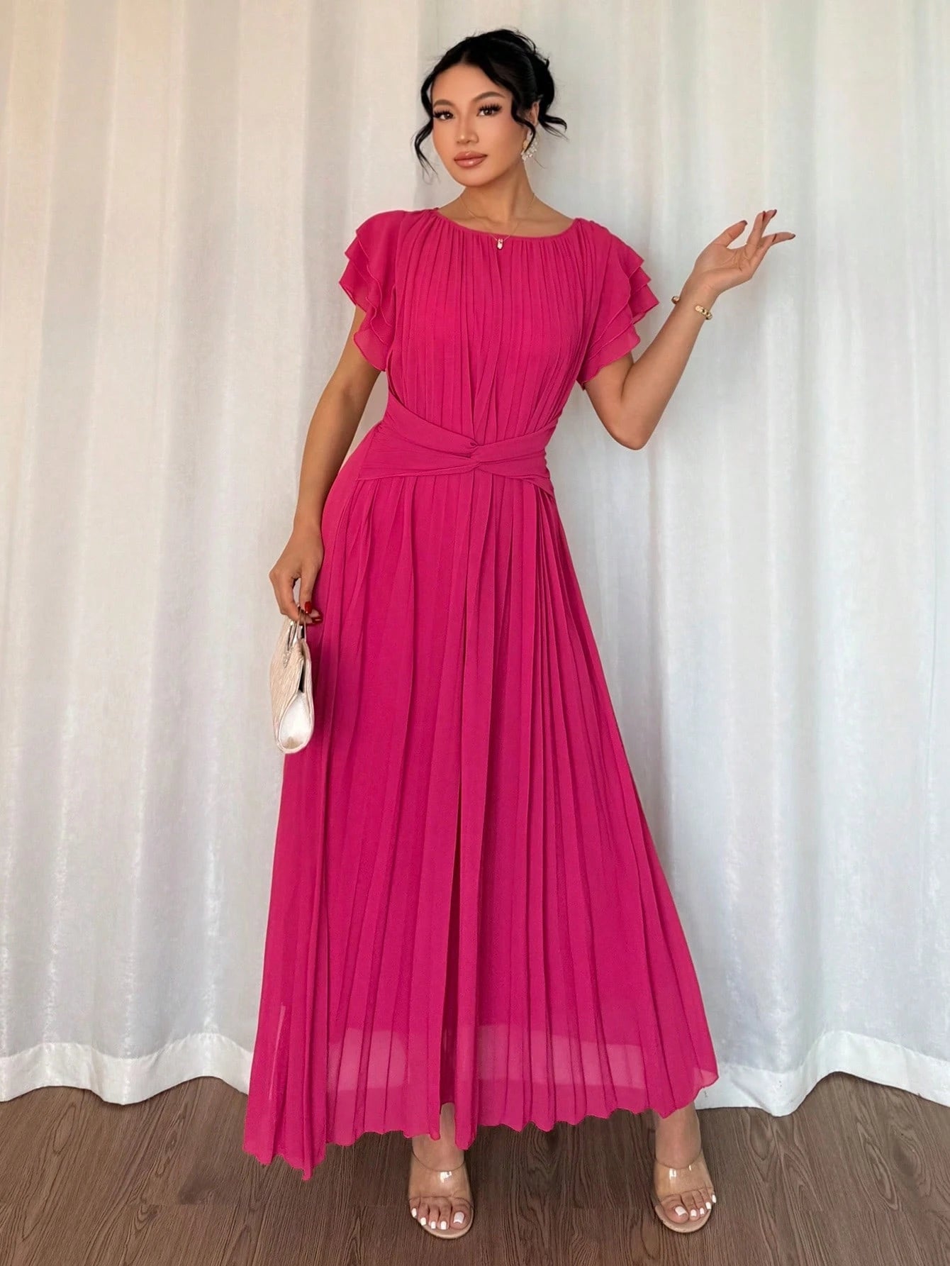 SHEIN Islaluna French Casual Gorgeous Romantic Belt Style Ladies Elegant Dress Solid Color Ladies Dress Ladies Elegant Dress Female Party Dress