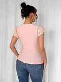  | SHEIN Islaluna Women's Casual Textured Patchwork Lace Trim Pink Short Sleeve T-Shirt | Tee | Shein | OneHub