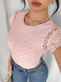  | SHEIN Islaluna Women's Casual Textured Patchwork Lace Trim Pink Short Sleeve T-Shirt | Tee | Shein | OneHub
