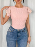  | SHEIN Islaluna Women's Casual Textured Patchwork Lace Trim Pink Short Sleeve T-Shirt | Tee | Shein | OneHub