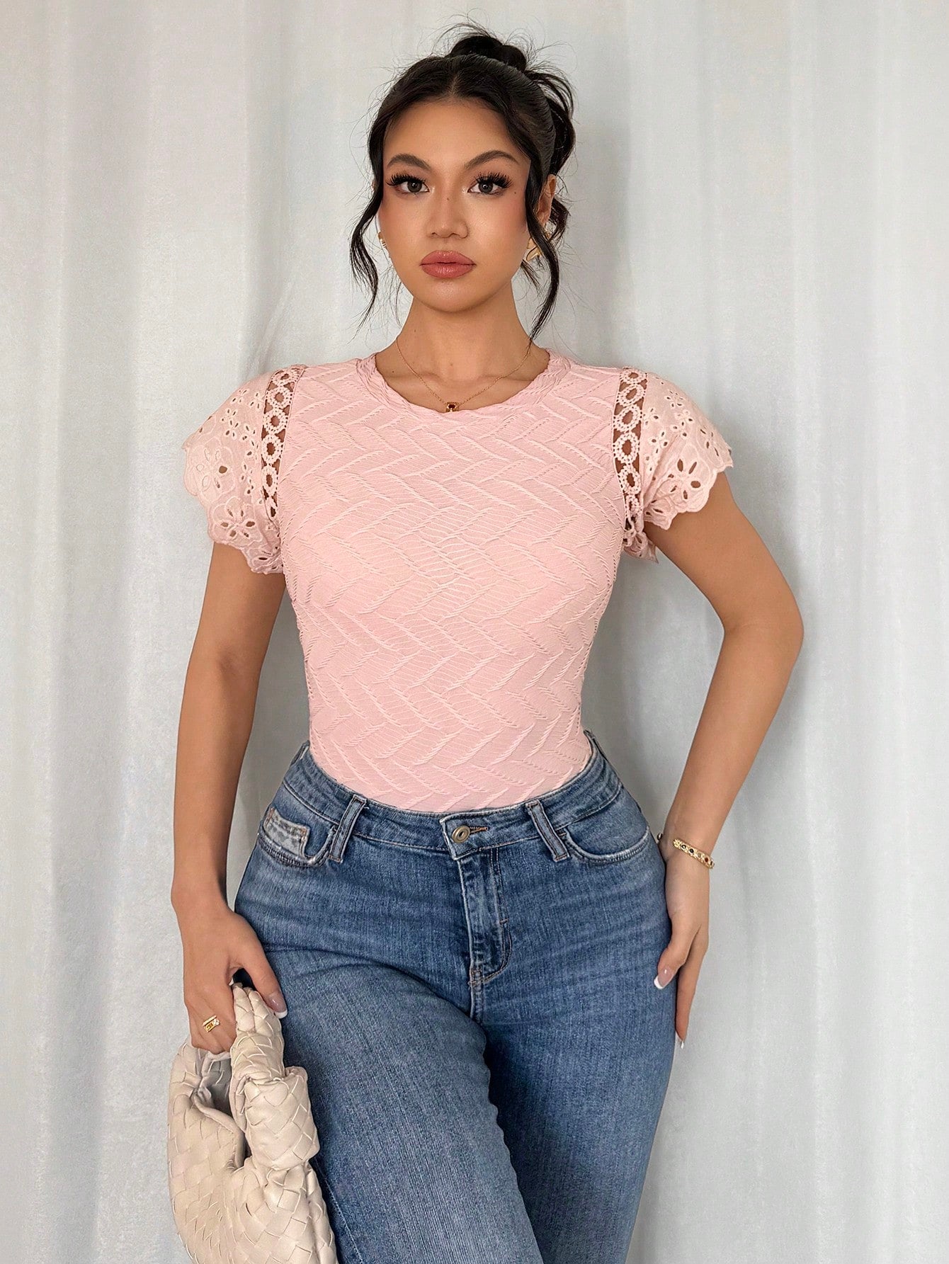  | SHEIN Islaluna Women's Casual Textured Patchwork Lace Trim Pink Short Sleeve T-Shirt | Tee | Shein | OneHub