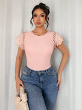  | SHEIN Islaluna Women's Casual Textured Patchwork Lace Trim Pink Short Sleeve T-Shirt | Tee | Shein | OneHub
