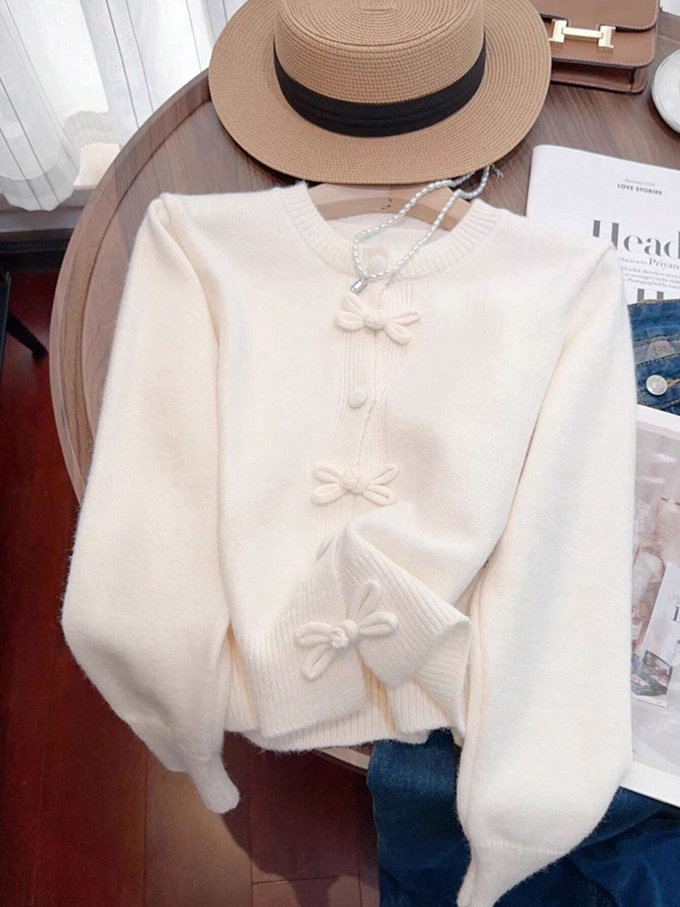 SHEIN JIANHU Spring Bowknot Knit Cardigan, Cropped Design For Petite Fit, Elegant And Versatile For A Stylish Look