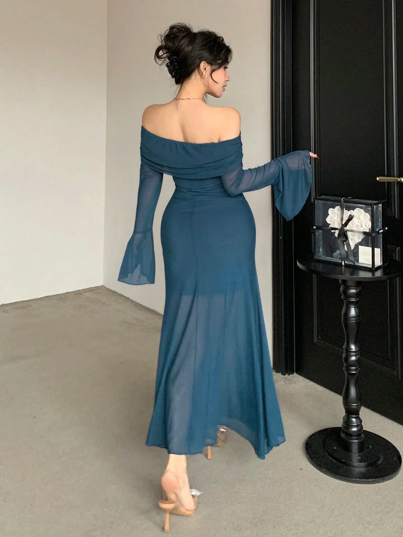  | SHEIN Joudiya Elegant Sheer Mesh Splicing Off-Shoulder Flared Sleeve Fitted Sexy Mermaid Midi Dress | Dress | Shein | OneHub