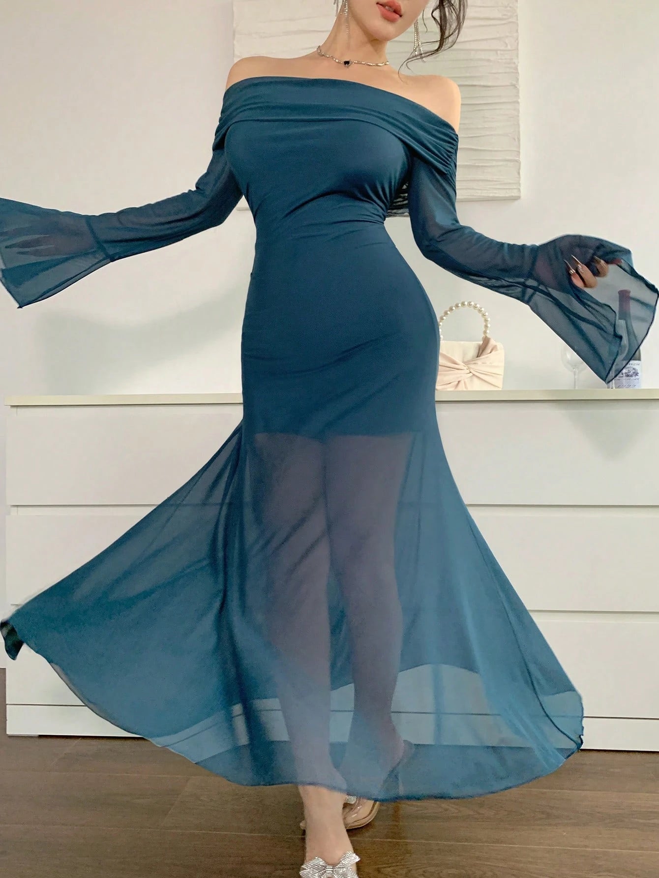  | SHEIN Joudiya Elegant Sheer Mesh Splicing Off-Shoulder Flared Sleeve Fitted Sexy Mermaid Midi Dress | Dress | Shein | OneHub