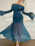  | SHEIN Joudiya Elegant Sheer Mesh Splicing Off-Shoulder Flared Sleeve Fitted Sexy Mermaid Midi Dress | Dress | Shein | OneHub