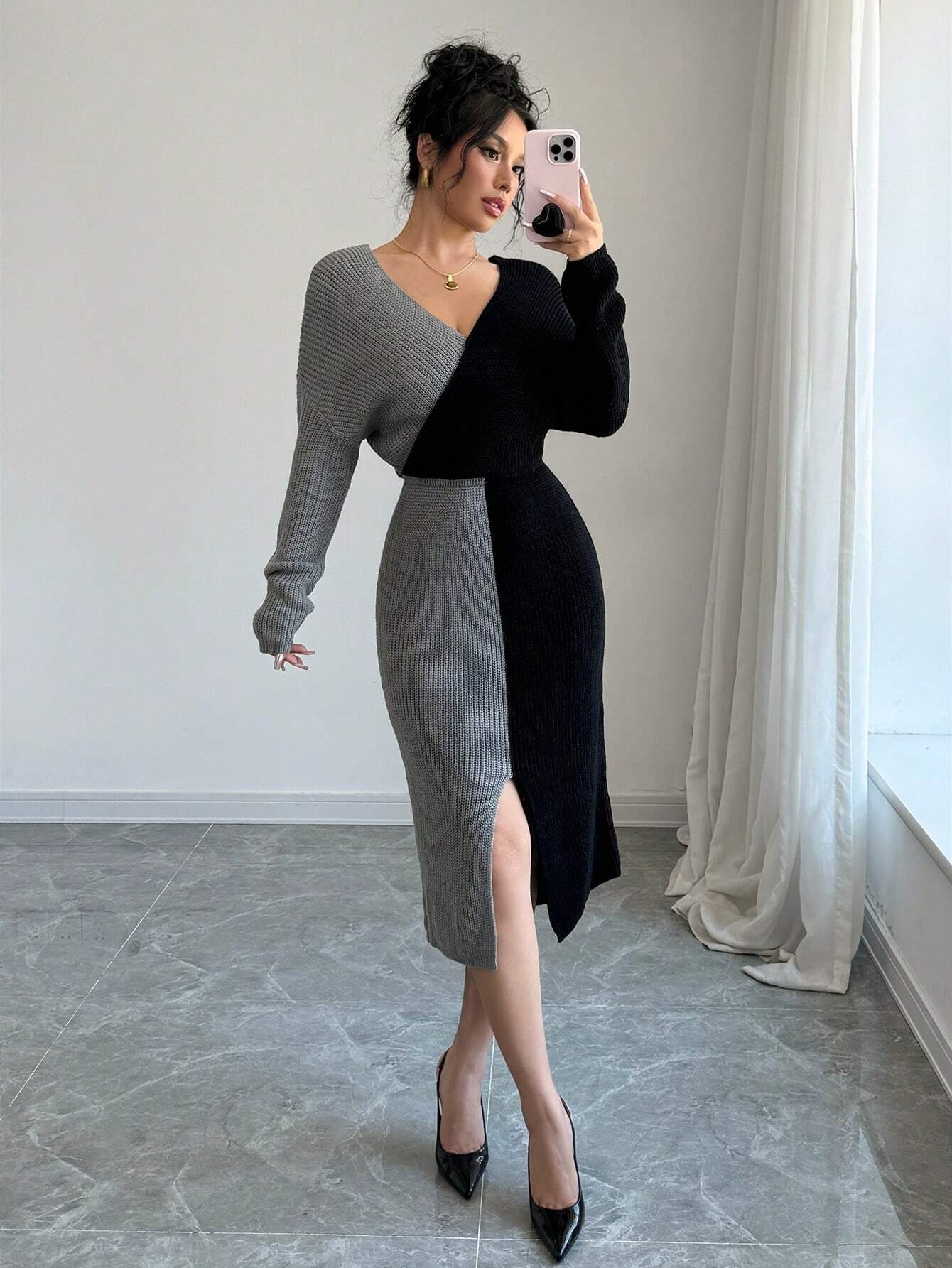SHEIN Joy Knit Fashionable Spring Knitted Sweater Dress - Deep V-Neck Color Block Batwing Sleeve Long Sleeve Knitted Sweater Dress