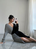 SHEIN Joy Knit Fashionable Spring Knitted Sweater Dress - Deep V-Neck Color Block Batwing Sleeve Long Sleeve Knitted Sweater Dress